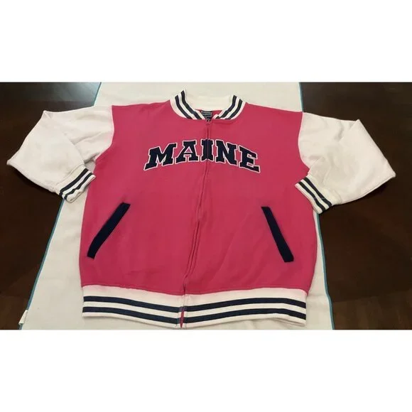 Women Girls Maine Spell Out Varsity Bomber Jacket Barbiecore Full Zip M 44”Chest - Picture 3 of 16